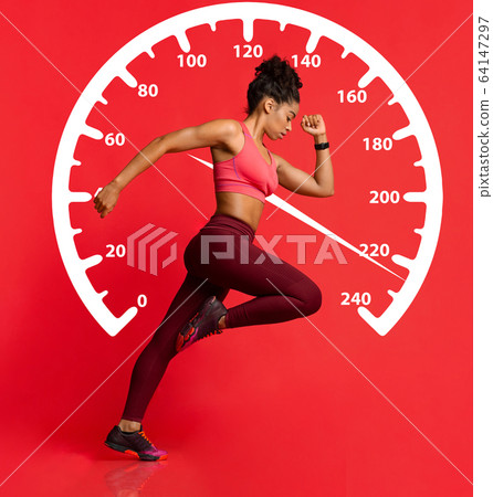 Fast African American sportswoman running against red background with speedometer, collage Fast African American sportswoman running against red background with speedometer, collage 64147297
