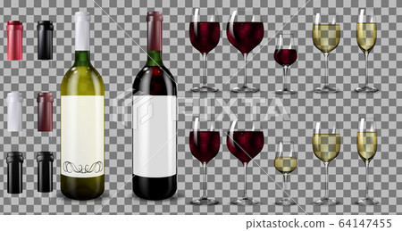 Red and white wine bottles and glasses. Realistic mockup Red and white wine bottles and glasses. Realistic mockup 64147455