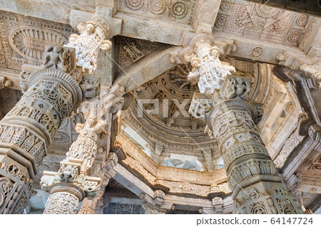 Columns of beautiful Ranakpur Jain temple in Ranakpur, Rajasthan. India 64147724