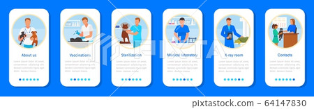 Vet clinic app vector illustration, cartoon flat vertical mobile smartphone application interface set for pet or animal veterinary hospital 64147830