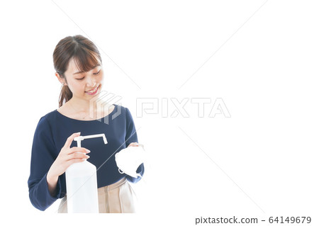 Young woman with mask and alcohol disinfectant Young woman with mask and alcohol disinfectant 64149679