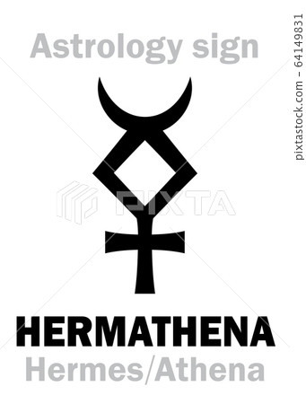 Astrology Alphabet: HERMATHENA (Hermes+Athena), Local Ancient Greek sacral dual deity of eloquence, crafts and sciences. Symbol of the doubling of wisdom. Hieroglyphic character sign (symbol). 64149831