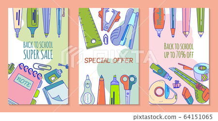 Back to school sale, offer banner vector illustration with school supplies, stationery. Pencil, pen, ruler, paper and scissor. Back to school sale, offer banner vector illustration with school supplies, stationery. Pencil, pen, ruler, paper and scissor. 64151065