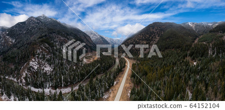 Aerial Panoramic View of a Scenic Road in the Canadian Mountain Aerial Panoramic View of a Scenic Road in the Canadian Mountain 64152104
