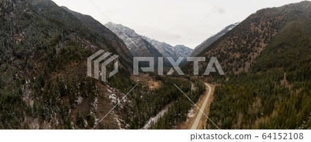 Aerial Panoramic View of a Scenic Road in the Canadian Mountain 64152108