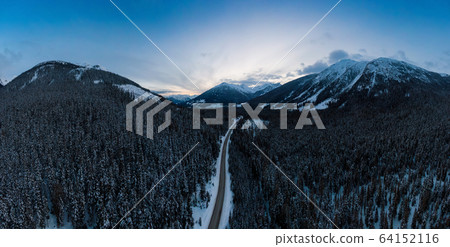 Aerial Panoramic View of a Scenic Road in the Canadian Mountain Aerial Panoramic View of a Scenic Road in the Canadian Mountain 64152116