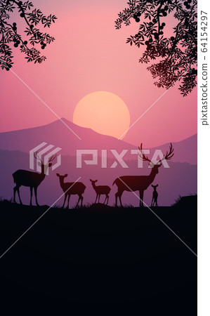 Herd of deer in the natural forest. Wild animals. Mountains horizon hills silhouettes of trees. Evening Sunrise and sunset. Landscape wallpaper. Illustration vector style. Colorful view background. Herd of deer in the natural forest. Wild animals. Mountains horizon hills silhouettes of trees. Evening Sunrise and sunset. Landscape wallpaper. Illustration vector style. Colorful view background. 64154297