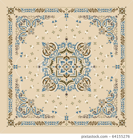 Vector ornament Bandana Print. Traditional ornamental ethnic pattern with paisley and flowers. Silk neck scarf or kerchief square pattern design style, best motive for print on fabric or papper. Vector ornament Bandana Print. Traditional ornamental ethnic pattern with paisley and flowers. Silk neck scarf or kerchief square pattern design style, best motive for print on fabric or papper. 64155276