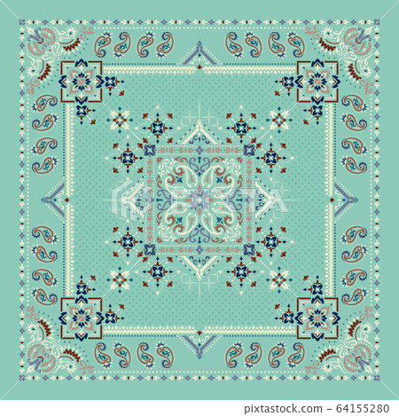 Vector ornament Bandana Print. Traditional ornamental ethnic pattern with paisley and flowers. Silk neck scarf or kerchief square pattern design style, best motive for print on fabric or papper. 64155280