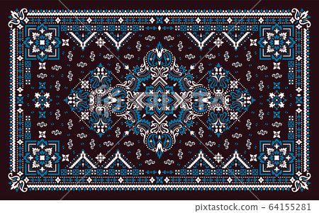 Rectangular Bandana Print vector design for rug, carpet, tapis, shawl, towel, textile, yoga mat. Neck scarf or kerchief pattern design. Traditional ornamental ethnic pattern with paisley and flowers. 64155281