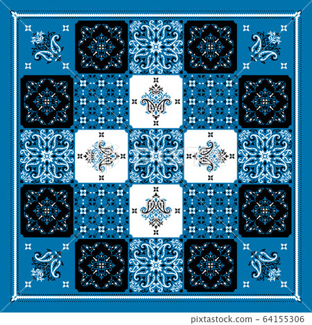 Vector ornament Bandana Print. Traditional ornamental ethnic pattern with paisley and flowers. Silk neck scarf or kerchief square pattern design style, best motive for print on fabric or papper. 64155306