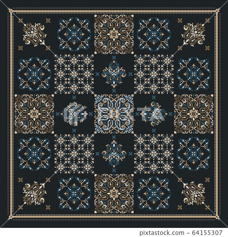 Vector ornament Bandana Print. Traditional ornamental ethnic pattern with paisley and flowers. Silk neck scarf or kerchief square pattern design style, best motive for print on fabric or papper. 64155307