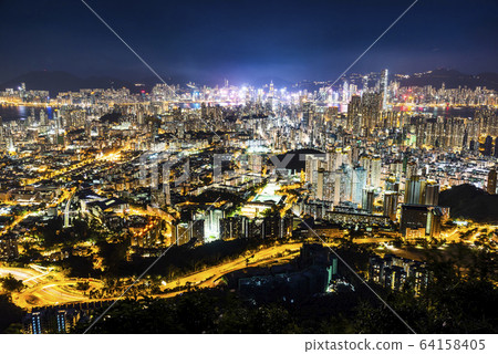 Panorama aerial view of Hong Kong Kowloon Crowded Buildings at night time 64158405