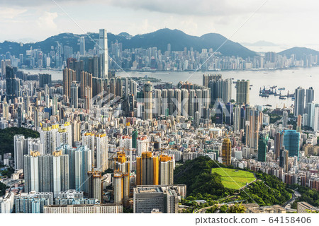 Panorama aerial view of Hong Kong Kowloon Crowded Buildings 64158406