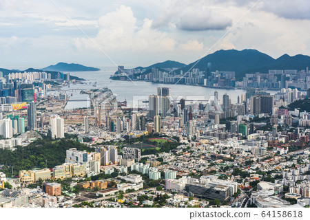 Panorama aerial view of Hong Kong Kowloon Crowded Buildings Panorama aerial view of Hong Kong Kowloon Crowded Buildings 64158618