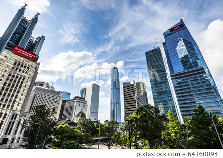 low angle view of modern office block buildings in Hong Kong. 64160093