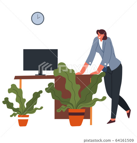 Woman leaning table in office, worker at working place Woman leaning table in office, worker at working place 64161509