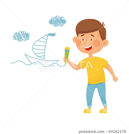 Cheerful Little Boy Drawing Boat with Pencil on the Wall Vector Illustration Cheerful Little Boy Drawing Boat with Pencil on the Wall Vector Illustration 64162179