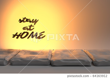 Stay at home inscription copyspace. Self isolation Coronavirus COVID-19. Epidemic condition 3d illustration with room and pillows 64163912