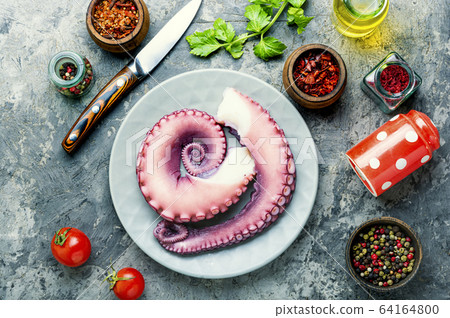 Raw octopus on plate Raw octopus on plate 64164800