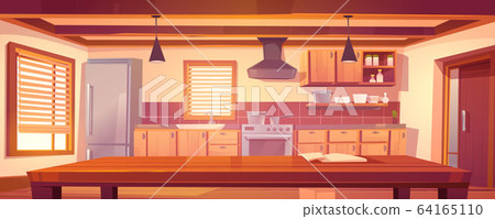 Rustic kitchen empty interior with wood furniture 64165110