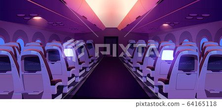 Airplane cabin with seats and screens inside view 64165118
