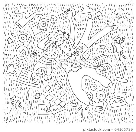 Doodles tired mom home with children black and white Doodles tired mom home with children black and white 64165759