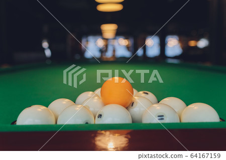 Billiard on table. Perfect composition of pool balls. 64167159