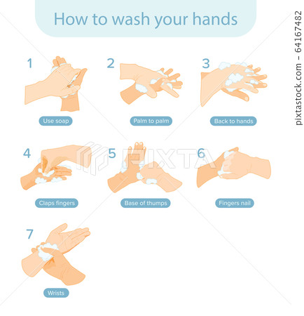 How to wash your hands step by step vector. Personal hygiene, disease prevention and healthcare educational How to wash your hands step by step vector. Personal hygiene, disease prevention and healthcare educational 64167482