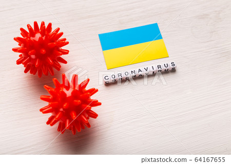 Abstract virus strain model of 2019-nCoV middle East respiratory syndrome coronavirus or coronavirus COVID-19 with text and flag Ukraine on white background. Virus pandemic protection concept. 64167655