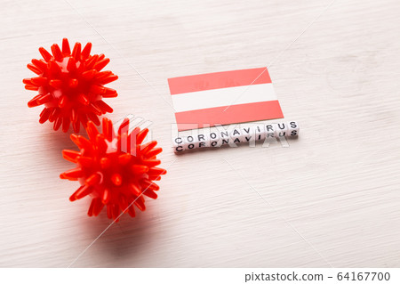 Abstract virus strain model of 2019-nCoV middle East respiratory syndrome coronavirus or coronavirus COVID-19 with text and flag Austria on white background. Virus pandemic protection concept. 64167700