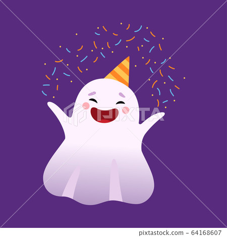 White Smiling Little Ghost Having Fun in Party Hat, Cute Halloween Spooky Character Vector Illustration 64168607