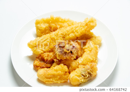 Assorted squid and octopus tempura. 64168742