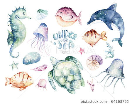 Set of sea animals. Blue watercolor ocean fish, turtle, whale\
and coral. Shell aquarium background. Nautical wildlife dolphin\
marine illustration, jellyfish, starfish