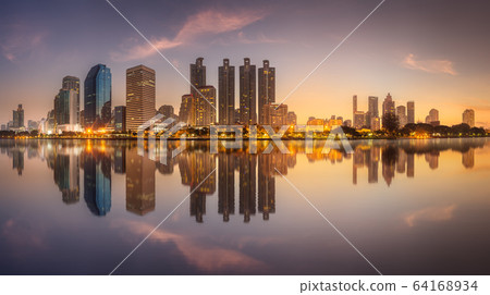 Skyline at lake in Benjakitti park Bangkok Skyline at lake in Benjakitti park Bangkok 64168934