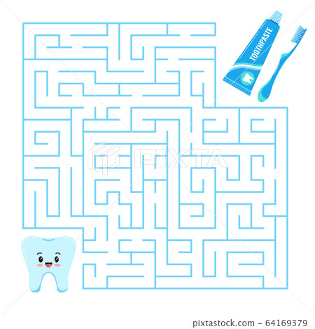 Tooth emoji and toothpaste with toothbrush maze game isolated on white. 64169379