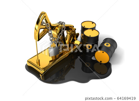 Locked Pumpjack, Barrels And Spilled Oil On White Background. Oil Production Reduction Concept. 64169419