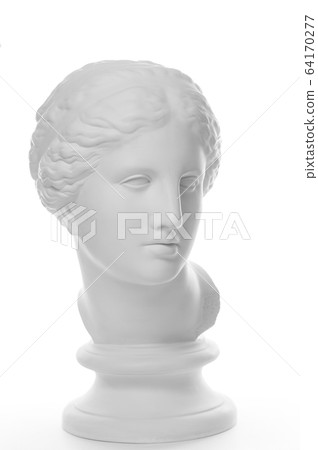 Gypsum copy of ancient statue Venus head isolated on white background. Plaster sculpture woman face. Gypsum copy of ancient statue Venus head isolated on white background. Plaster sculpture woman face. 64170277
