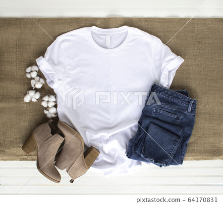 White shirt mockup - tshirt with cotton plant, White shirt mockup - tshirt with cotton plant, 64170831