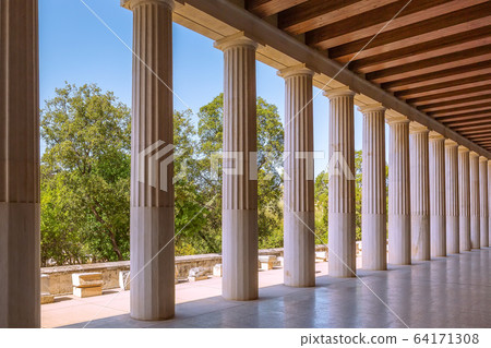 Ancient Stoa of Attalos columns in Athens, Greece 64171308