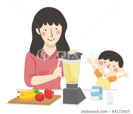 Kid Boy Mom Fruit Smoothie Illustration 64172687