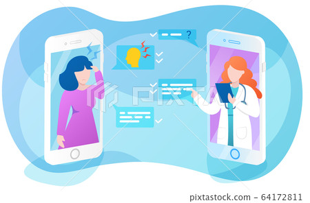 Online doctor app interface, sick woman asking therapist about headache, remote medical consultation, vector illustration. Online doctor app interface, sick woman asking therapist about headache, remote medical consultation, vector illustration. 64172811