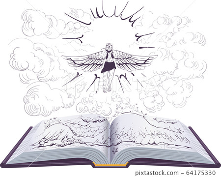 Icarus flies to sun open book illustration ancient Greek legend 64175330