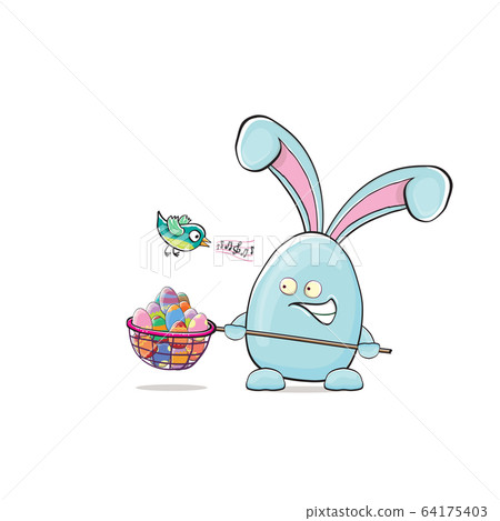 Cartoon funny cartoon blue easter bunny holding butterfly net full of colorful easter eggs inside isolated on white background. Easter hand drawn blue cute rabbit sticker or label 64175403