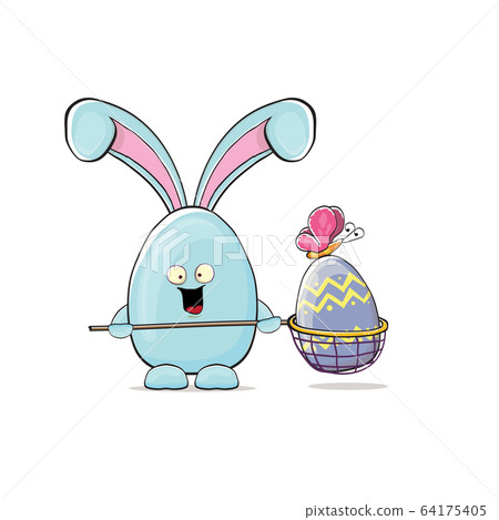 Cartoon funny cartoon blue easter bunny holding butterfly net full of colorful easter eggs inside isolated on white background. Easter hand drawn blue cute rabbit sticker or label 64175405