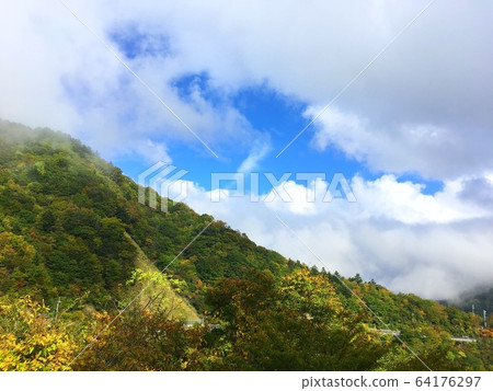 山與低雲之間的藍天，秋天的落葉才剛剛開始 64176297