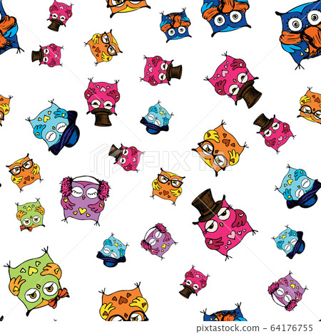 seamless pattern with cute owls. hand drawing - Stock Illustration ...