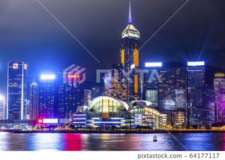 Hong Kong Convention and Exhibition Centre. Panorama of Victoria Harbor of Hong Kong island. Hong Kong Convention and Exhibition Centre. Panorama of Victoria Harbor of Hong Kong island. 64177117