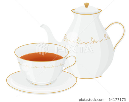下午茶時間_茶杯和鍋的插圖 64177173