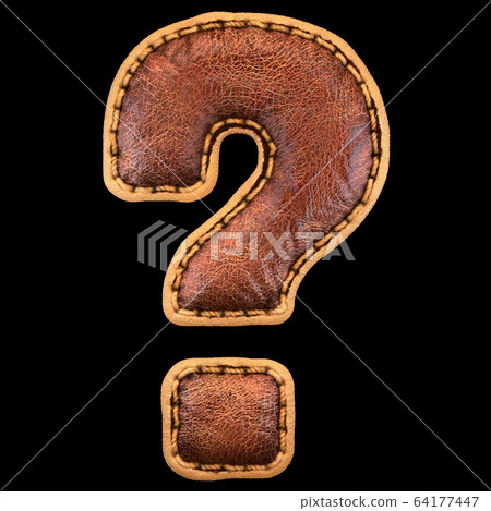 Symbol question mark made of leather. 3D render font with skin texture on black background. 64177447